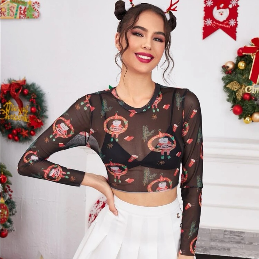 Christmas pattern crop mesh top without bra